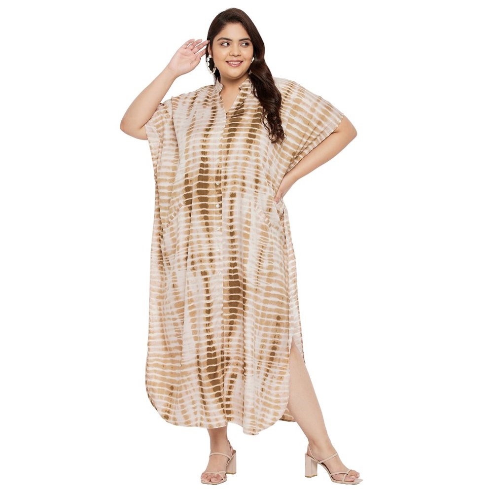 Tie Dye Print Brown Polyester Button Down Kaftan Dress for Women by Gypsie Blu